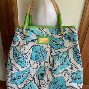 LILLY PULITZER Buena Vista Tote Blue White Shelll Jute Handles